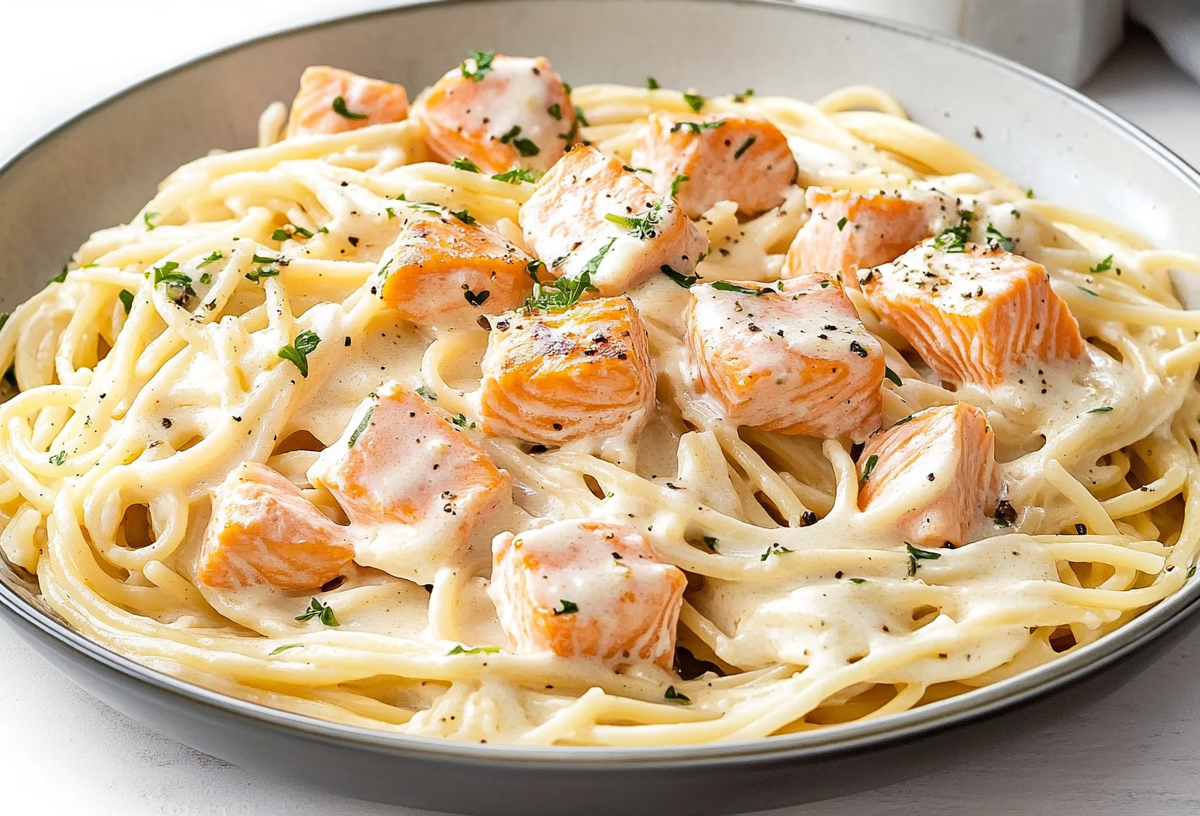 Spaghetti in Lachs-Sahnesoße auf einem Nudelteller.
