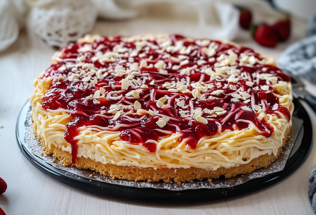 Ein Spaghettieis-Kuchen vom Blech steht auf einem Holztisch. Links neben ihm liegen einige Erdbeeren. Rechts neben ihm ein Tortenheber.
