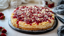 Ein Spaghettieis-Kuchen vom Blech steht auf einem Holztisch. Links neben ihm liegen einige Erdbeeren. Rechts neben ihm ein Tortenheber.
