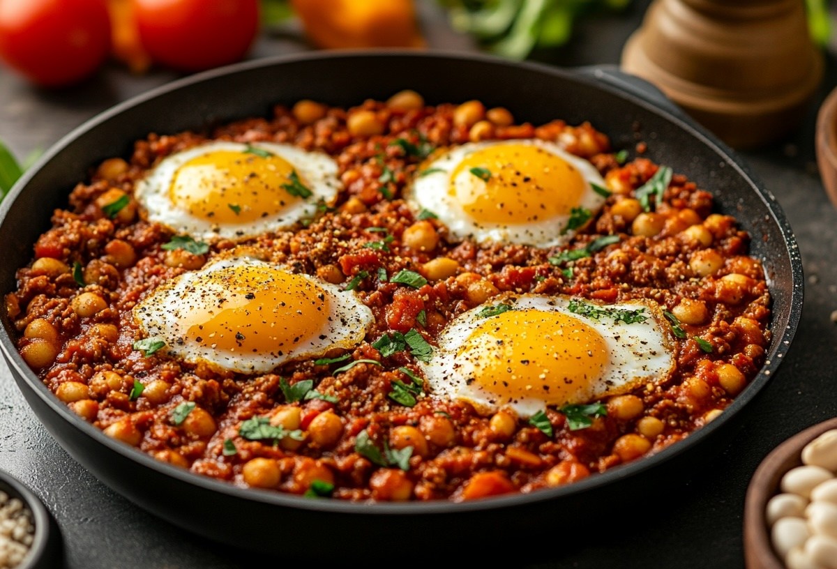 Spiegelei-Hackfleisch-Pfanne mit weißen Bohnen und Paprika, drumherum einige Zutaten wie Tomaten oder Bohnen.