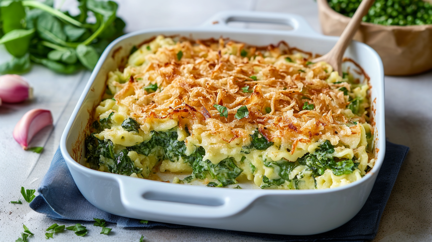 Spinat-Spätzleauflauf mit Röstzwiebeln: wunderbar würzig - Leckerschmecker