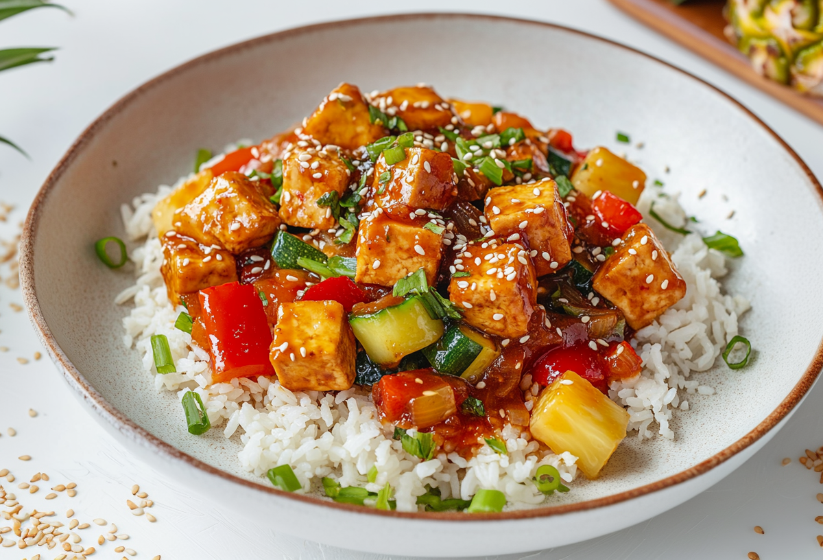 Eine Schüssel mit süß-saurem Tofu auf Reis. Er ist mit Frühlingszwiebeln sowie hellen Sesamkörnern garniert. Links im BIld sieht man die Blätter einer Ananas, rechts in der Ecke liegt eine halbierte Ananas auf einem Holzbrett.