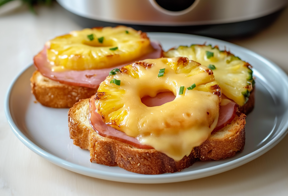 Zwei Toast Hawaii aus dem Aifryer liegen auf einem grauen Teller. Es liegt noch eine angeschnittene Scheibe Ananas neben ihnen. Man sieht einen Airfryer im Hintergrund.
