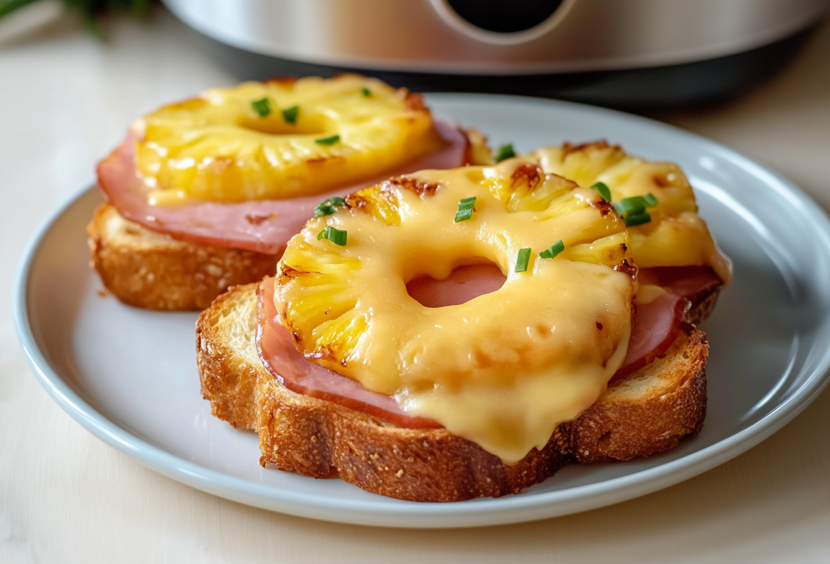 Zwei Toast Hawaii aus dem Aifryer liegen auf einem grauen Teller. Man sieht einen Airfryer im Hintergrund.