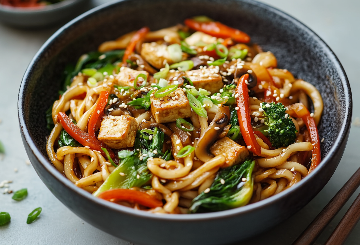 Vegane Yaki-Udon, zubereitet mit Tofu, Pak Choi, Brokkoli, roter Paprika, Frühlingszwiebeln und Sesam in einer schwarzen Schüssel. Links neben der Schüssel liegen noch ein paar Frühlingszwiebelringe und Sesamkörner, rechts Essstäbchen.