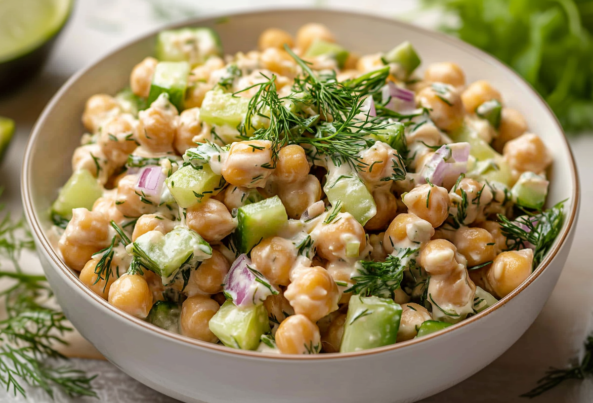 Veganer Thunfischsalat aus Kichererbsen in einer Salatschüssel, bestreut mit Kräutern.