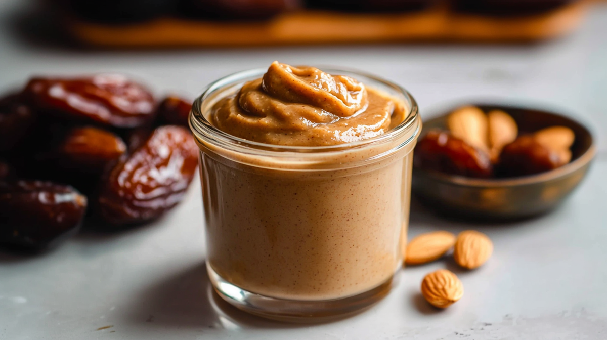 Ein Glas mit veganem Dattel-Karamell. Im Hintergrund liegen einige Datteln. Neben dem Glas mit Dattel-Karamell liegen ein paar einzelne Mandeln verstreut. Außerdem steht eine kleine Schale da, in der ebenfalls ein paar Mandeln und einzelne Datteln liegen.