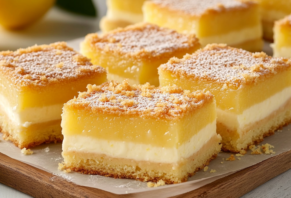 Einige Stücke Zitronen-Puddingkuchen vom Blech mit Streuseln.