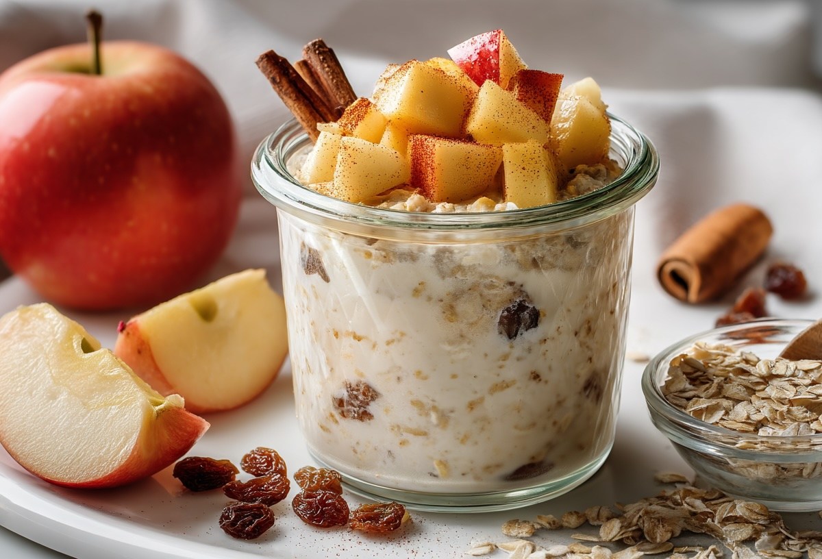 Apfel-Zimt-Overnight-Oats in einem Glas getoppf mit Apfelstückchen. Drumherum einige Zutaten.