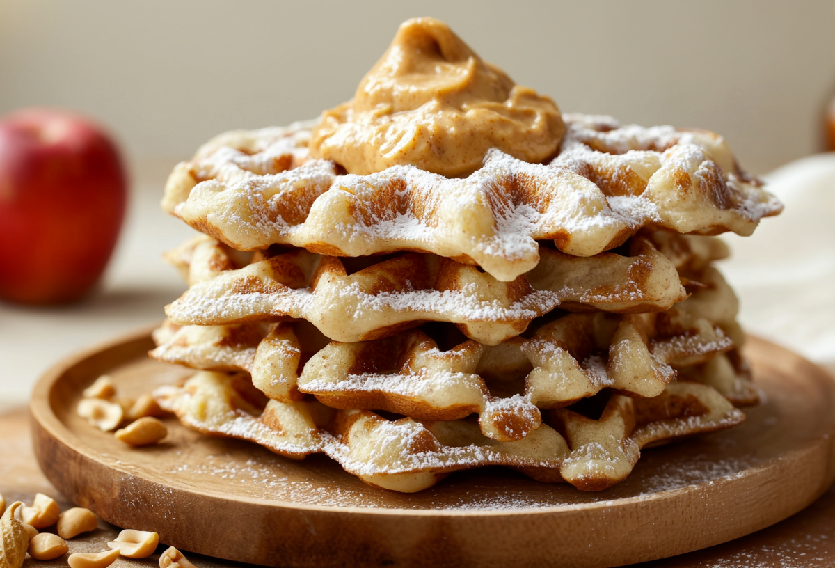 Vier Apfelwaffeln ohne Mehl und Butter liegen auf einem Holzbrett. Auf und neben dem Brett liegen noch einige Erdnüsse. Die Waffeln sind mit Erdnussmus getoppt. Im Hintergrund steht ein Apfel.