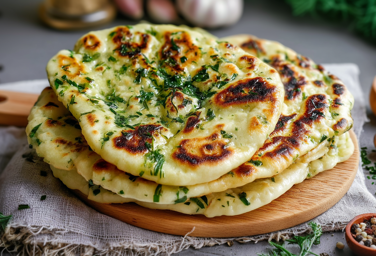 Mehrere Fladen Bärlauch-Naan liegen auf einem Holzbrett, das wiederum auf einem grauen Tuch liegt. Um das Brett herum stehen einige Schalen mit Gewürzen verteilt. Im Hintergrund sieht man die untere Seite einer Flasche mit Öl sowie einige Knoblauchknollen.
