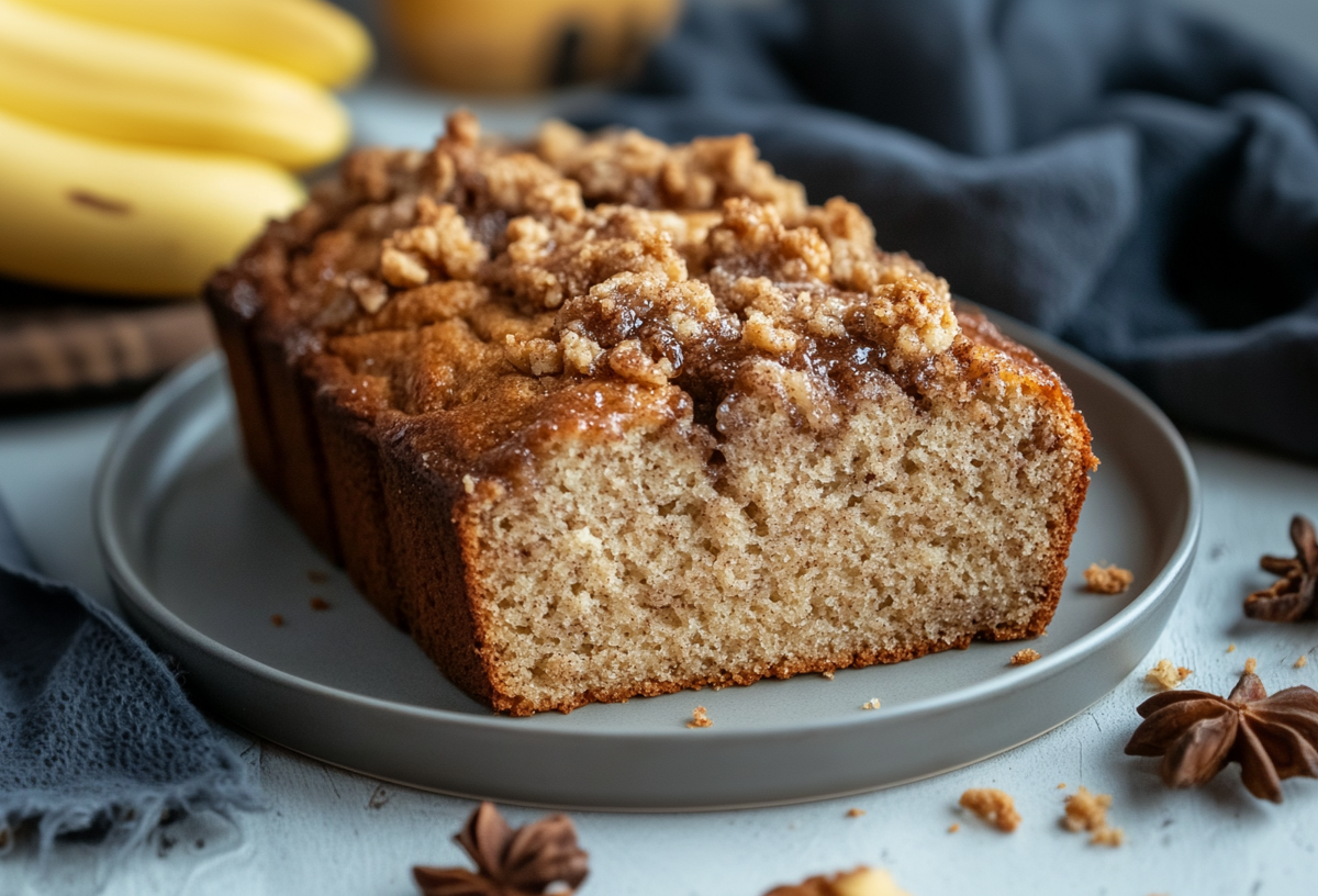 Ein Bananen-Zimt-Kuchen auf einem grauen Teller. Um ihn verteilt liegt etwas Sternanis. Im Hintergrund sieht man mehrere Bananen.