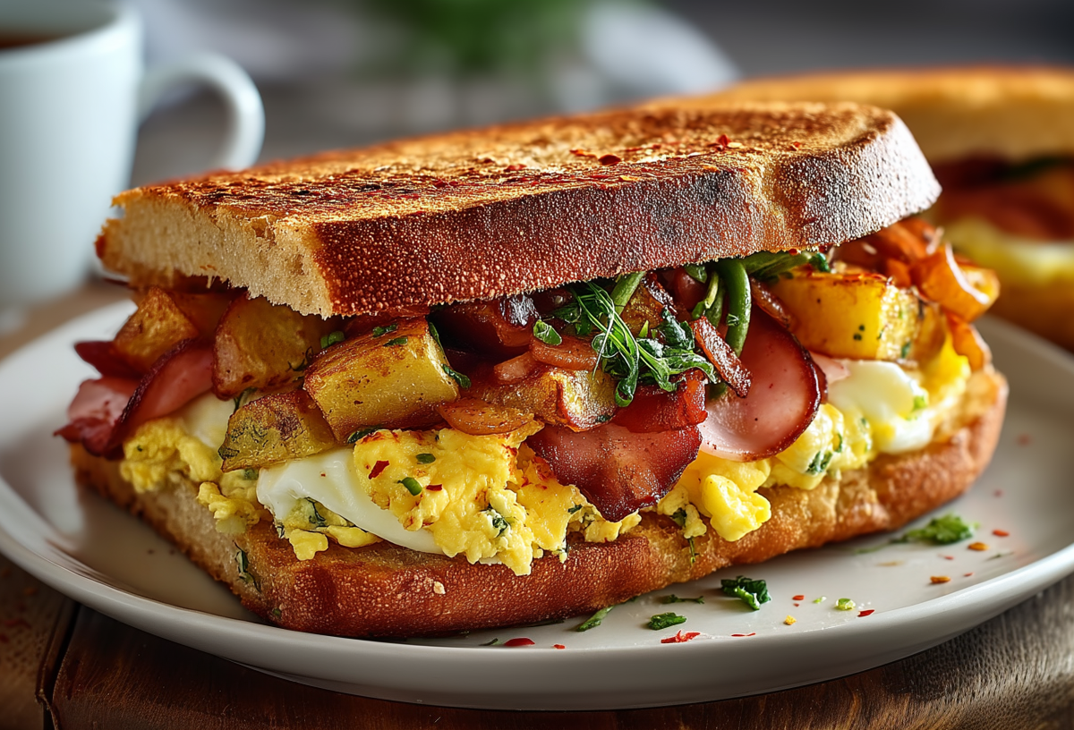 Ein Bauernfrühstücks-Sandwich auf einem hellen Teller auf einem Holzbrett. Es ist mit Rührei, Speck, Kartoffeln und Spinat belegt. Im Hintergrund links steht eine Kaffeetasse und rechts ein weiteres Bauernfrühstücks-Sandwich.