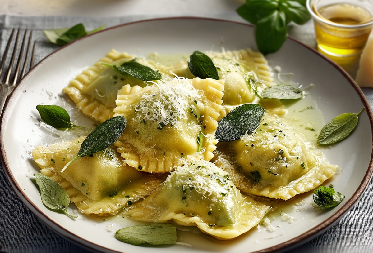 Brennnessel-Ravioli mit Salbeibutter auf einem hellen Teller.