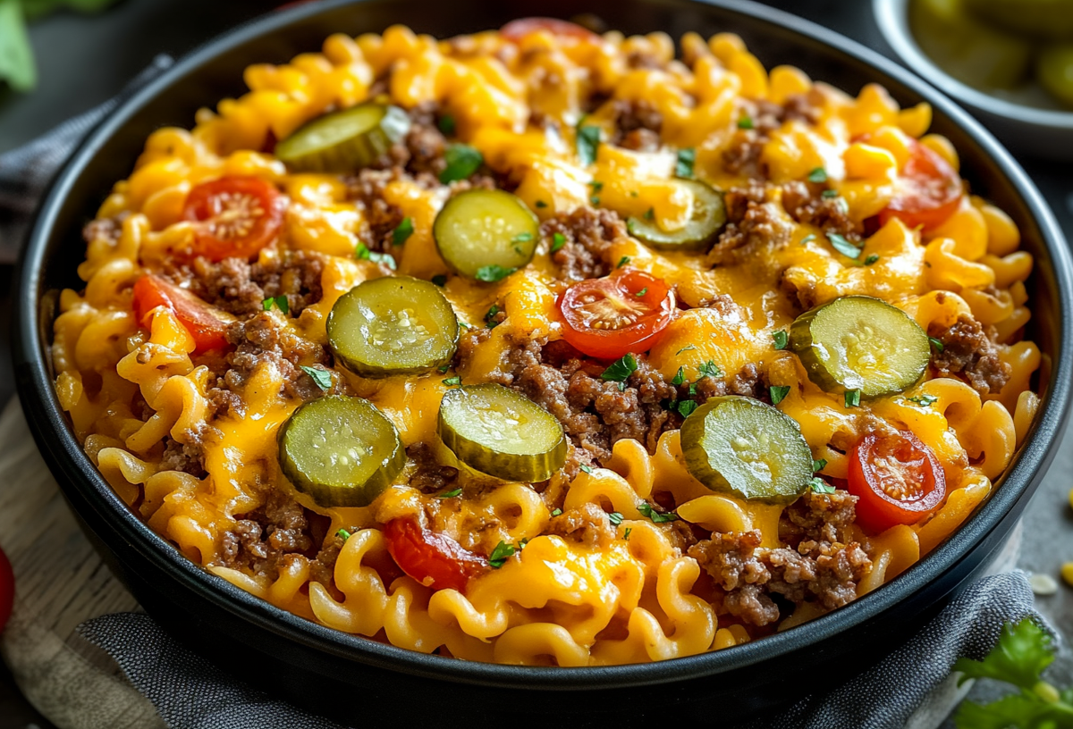 Eine Auflaufform mit Cheeseburger-Nudelauflauf auf einer Holzunterlage. Er ist mit Nudeln, Tomaten, Gürkchenscheiben und Hackfleisch zubereitet. Drumherum liegen noch einige frische Kräuter sowie kleine Tomaten.