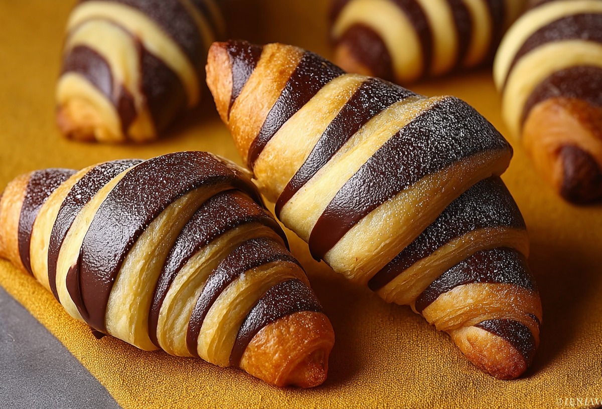 Croissants Bicolore auf einem hellen Geschirrtuch.