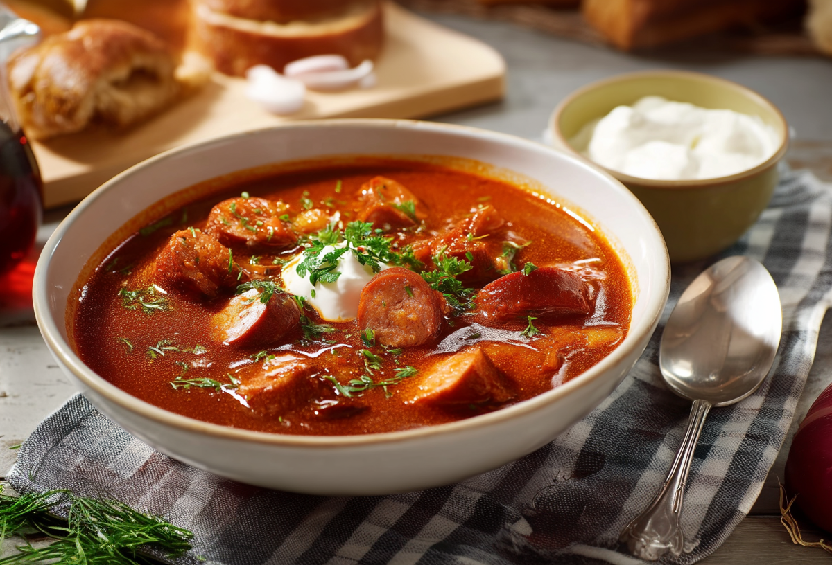 Eine Schüssel mit Currywurstsuppe steht auf einem Tuch auf einem Holztisch. Links im Bild steht ein Glas mit Öl, im Hintergrund sieht man etwas Brot. Rechts neben der Schüssel steht ein Schälchen mit Schmand, ein Löffel sowie zwei rote Zwiebeln. Vor der Schale liegen ein paar frische Kräuter.