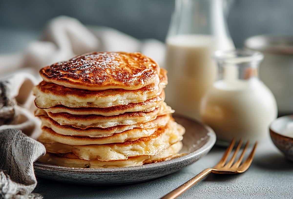 Ein Stapel Eierlikör-Pancakes auf einem Teller, im Hintergrund zwei Flaschen Eierlikör, neben dem Teller eine Serviette aus Stoff.