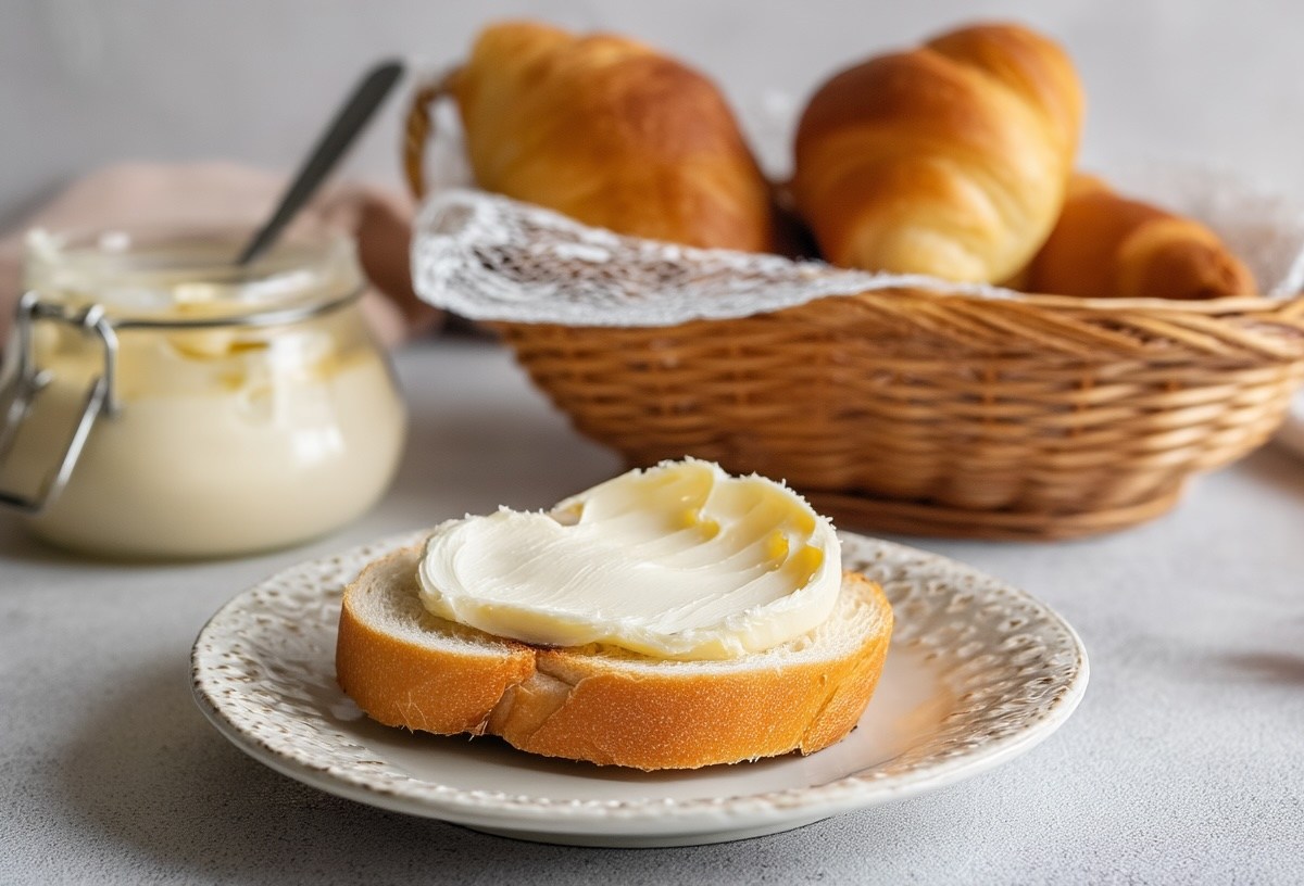Eine Scheibe Baguette mit Eierlikör-Schoko-Aufstrich, dahinter ein Korb mit Croissants und ein Glas Aufstrich.