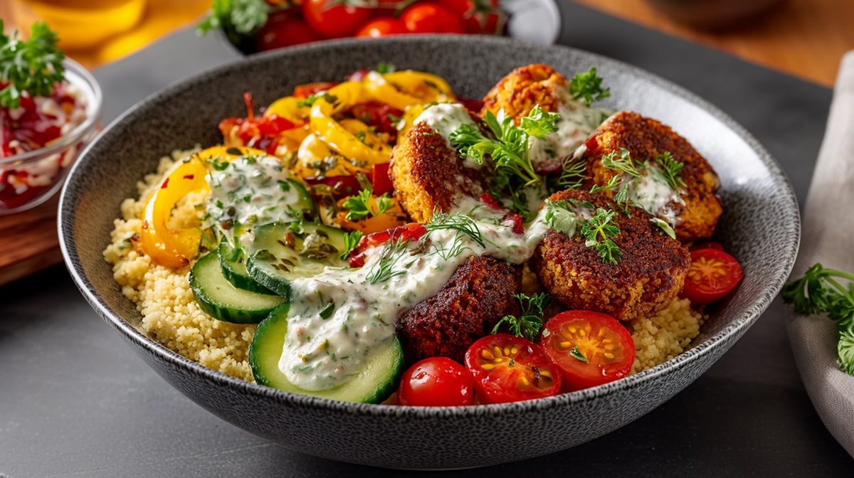 Eine große Falafel-Bowl mit Couscous, Falafel, Gurken, Tomaten, Paprika und einem Joghurt-Dip.