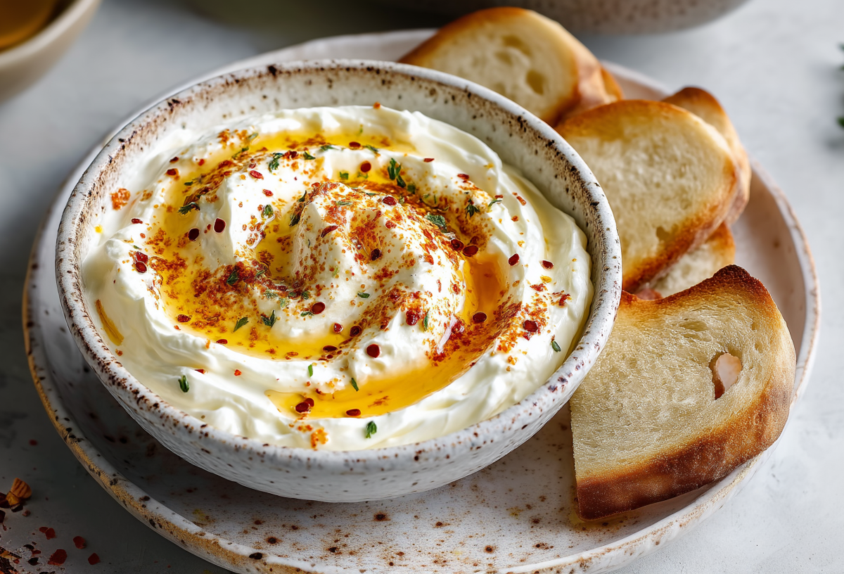 Eine Schale mit Feta-Creme mit pikantem Honig auf einem Teller. Neben der Schale liegen drei geschnittene Stücke Brot. Links neben dem Teller liegen einige Chiliflocken. Rechts im Bild liegt etwas frischer Thymian.