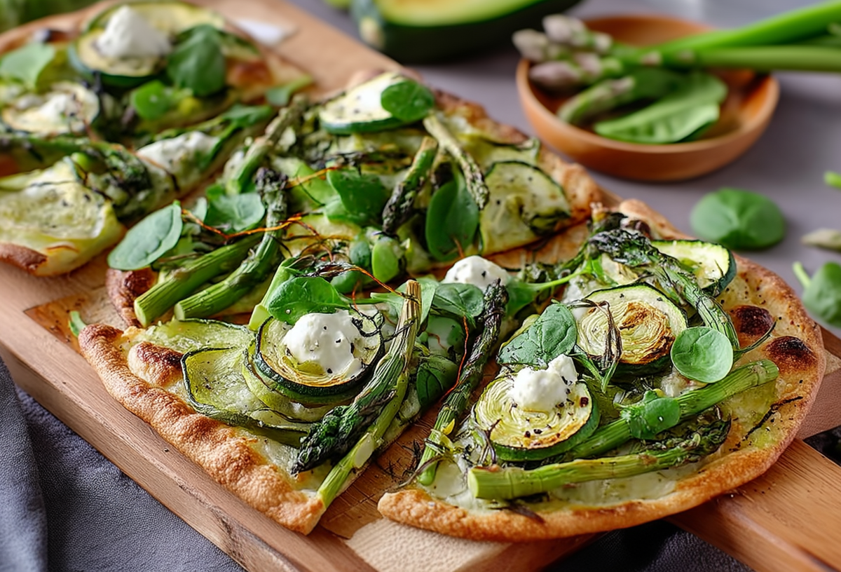 Ein in Stücke geschnittener Flammkuchen mit Frühlingsgemüse.