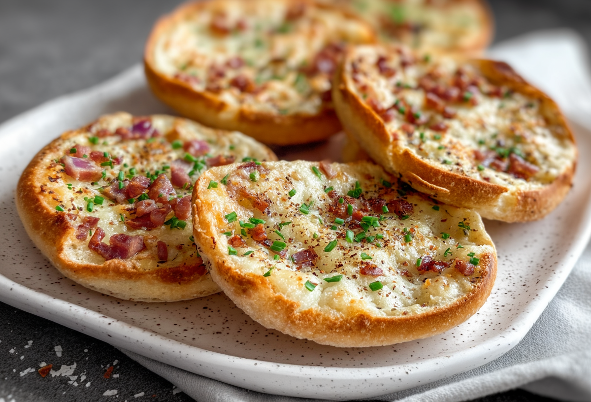 Vier Flammkuchen-Toasties liegen auf einem Teller. Sie sind mit Schinkenwürfeln, Käse und Frühlingszwiebeln zubereitet.