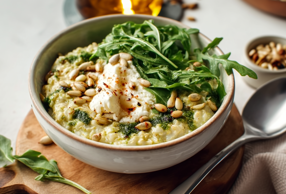 Eine Schale Frischkäse-Porridge steht auf einem runden Holzbrett. Es ist mit Rucola, Frischkäse und Pinienkernen zubereitet. rechts neben der Schale liegt ein Löffel halb auf einem Tuch. Darüber steht ein Schälchen mit Nüssen, in der Mitte im oberen Teil des Bildes sieht man eine Flasche Öl.