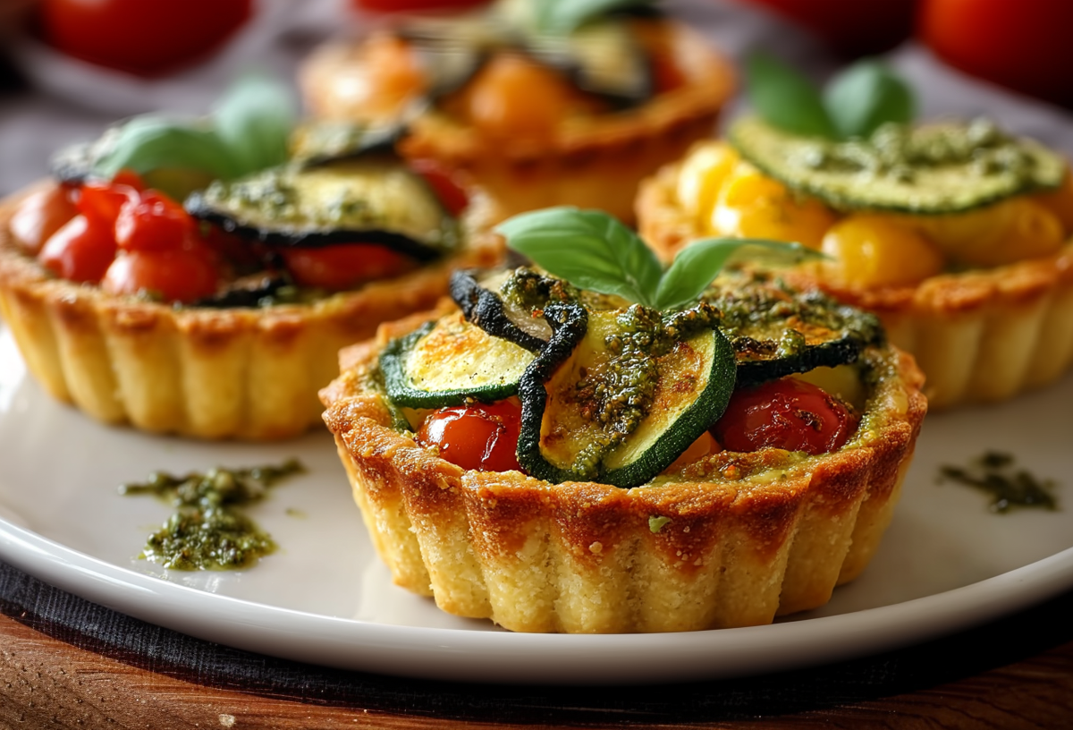 Vier Gemüse-Tartelettes stehen auf einem weißen Teller. Sie sind mit Zucchini, Pesto, Tomaten und Basilikum zubereitet. Im Hintergrund sieht man mehrere große Tomaten.