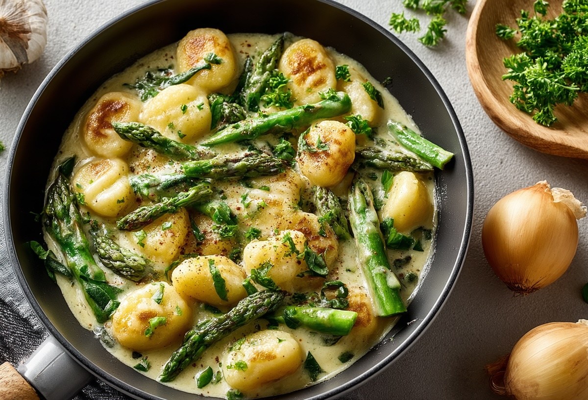 Gnocchi-Pfanne mit grünem Spargel in cremiger Soße. Drumherum frische Zutaten wie Petersilie und Zwiebeln. Draufsicht.