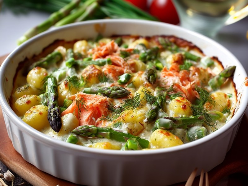 Unkompliziertes Abendessen: Gnocchi-Spargel-Auflauf mit Lachs