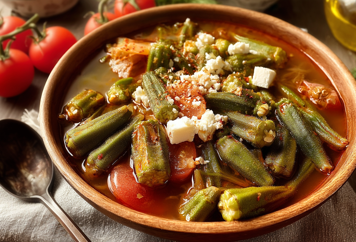 Eine Tonschüssel Bamies Laderes: griechischer Okra-Eintopf.