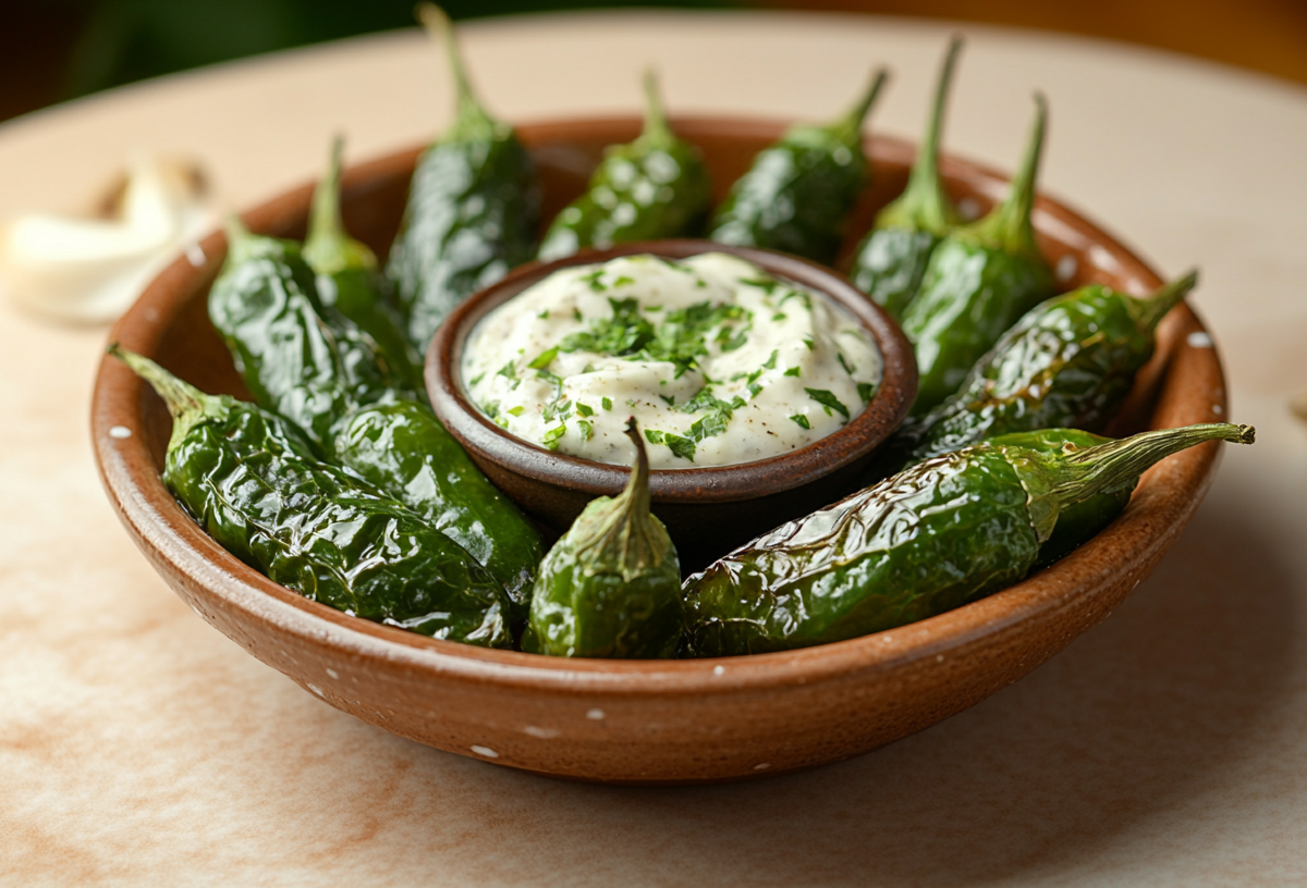 Eine Schale mit Pimientos de Padrón auf einem schlichten Tisch. In der Mitte der Schale steht ein Schälchen mit Knoblauchdip. Um die Schale verteilt liegen ein paar Knoblauchzehen.