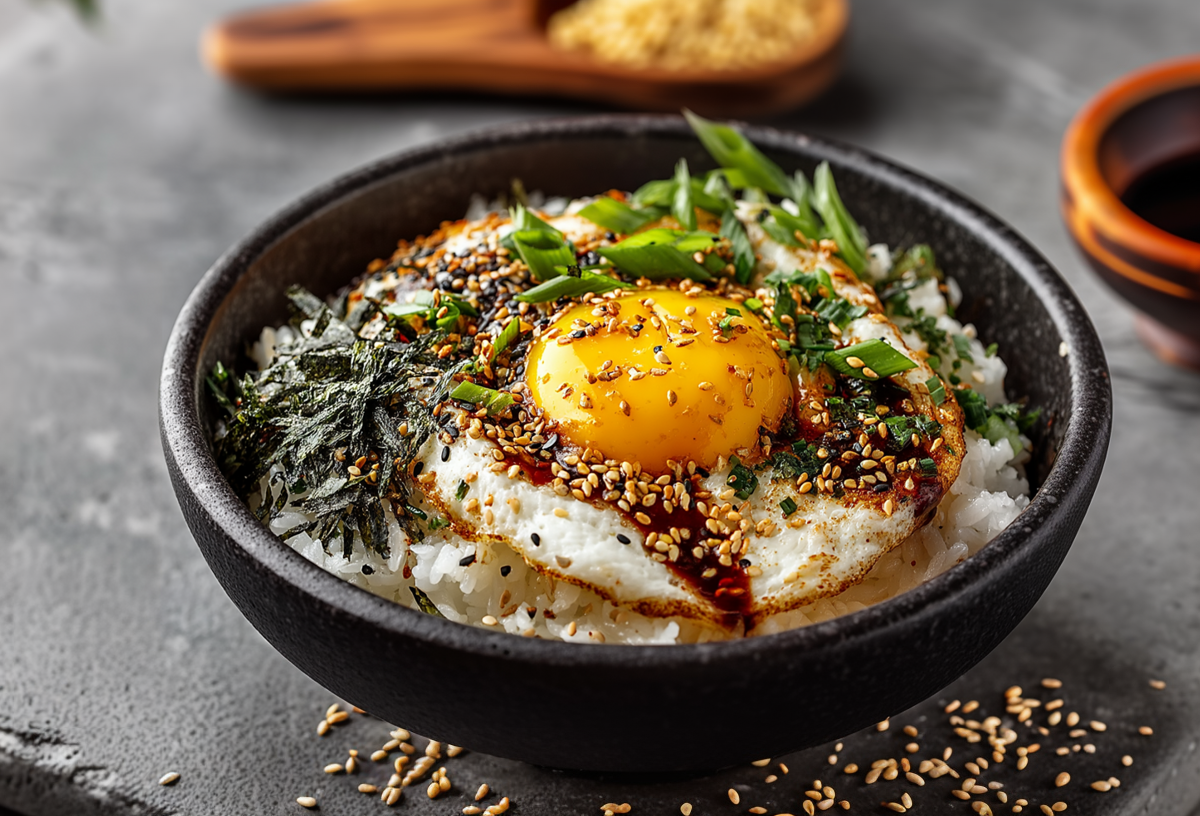 Eine Schüssel Gyeran Bap, einem koreanischen Reis mit gebratenem Spiegelei. Alles ist mit geschnittenen Frühlingszwiebeln, Sesam, Sojasoße und Nori garniert. Um die Schüssel liegen ein paar Sesamkörner verstreut. Außerdem ist ein Holzlöffel mit Sesam im Hintergrund zu sehen, genauso wie eine Schale mit Sojasoße.
