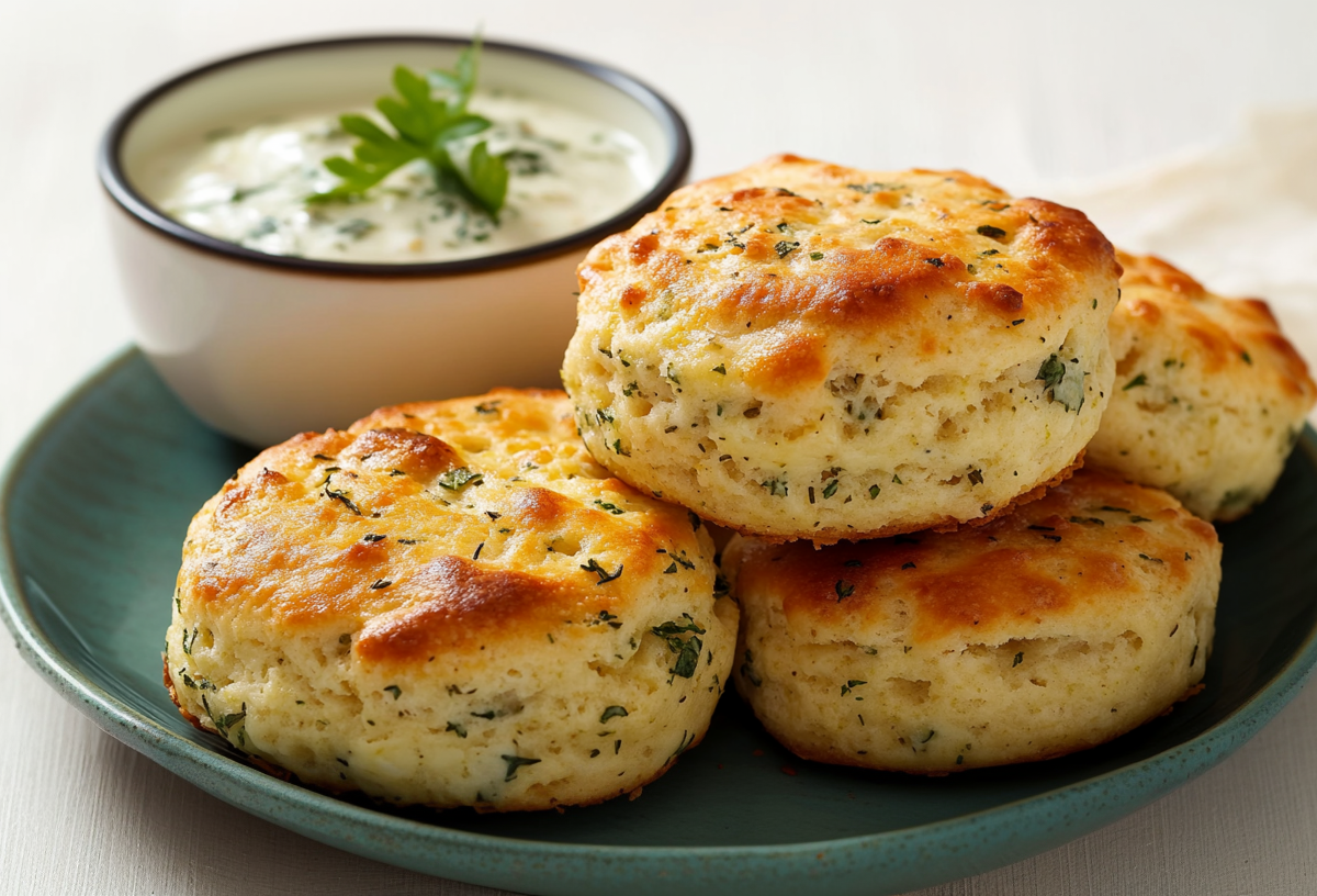 Vier Käse-Kräuter-Scones liegen auf einem blaugrauen Teller. Dahinter steht eine Schale mit passendem Dip.