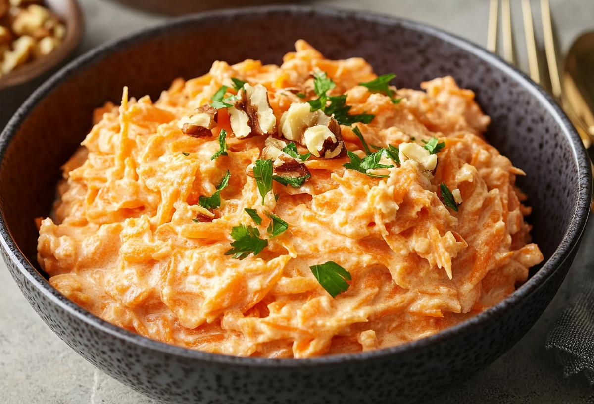 Karottensalat mit Sahne in einer dunklen Schüssel.