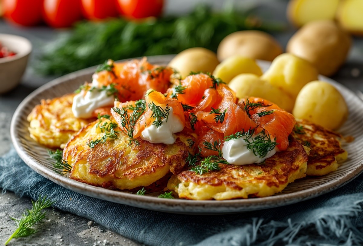 Ein Teller Kartoffelpuffer mit Lachs und Quark sowie einigen Kartoffeln. Im Hintergrund unscharf einige Zutaten.