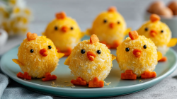 Ein Teller mit einigen Küken-Frischkäse-Bällchen.