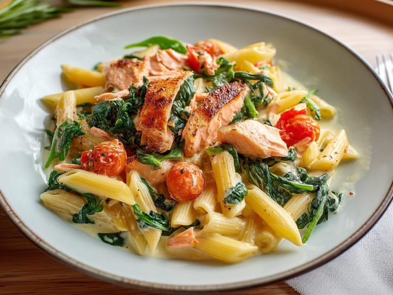 So einfach kann lecker sein: Zauber dir cremige Lachs-Penne mit Spinat