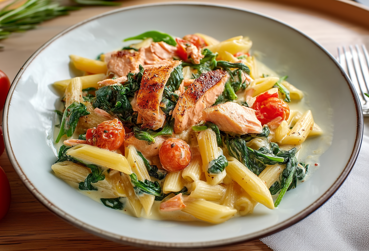 Ein Teller mit Lachs-Penne mit Spinat auf einem Holztisch. Links neben dem Teller liegen noch drei Tomaten. Im Hintergrund links sieht man einen Rosmarin-Zweig. Rechts neben dem Teller liegt eine aufgeschnittene Tomate, eine Gabel sowie noch etwas Rosmarin.