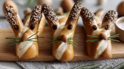 Drei Laugenstangen-Hasen auf einem Holzbrett.
