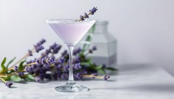 Ein Glas Lavendel Martini mit Lavendel im Hintergrund