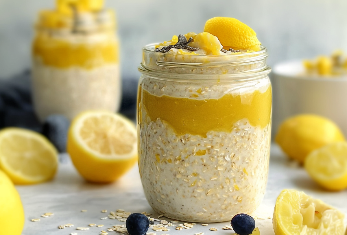 Lemon Curd Overnight Oats in Einmachgläsern. Drumherum liegen Zitronen.