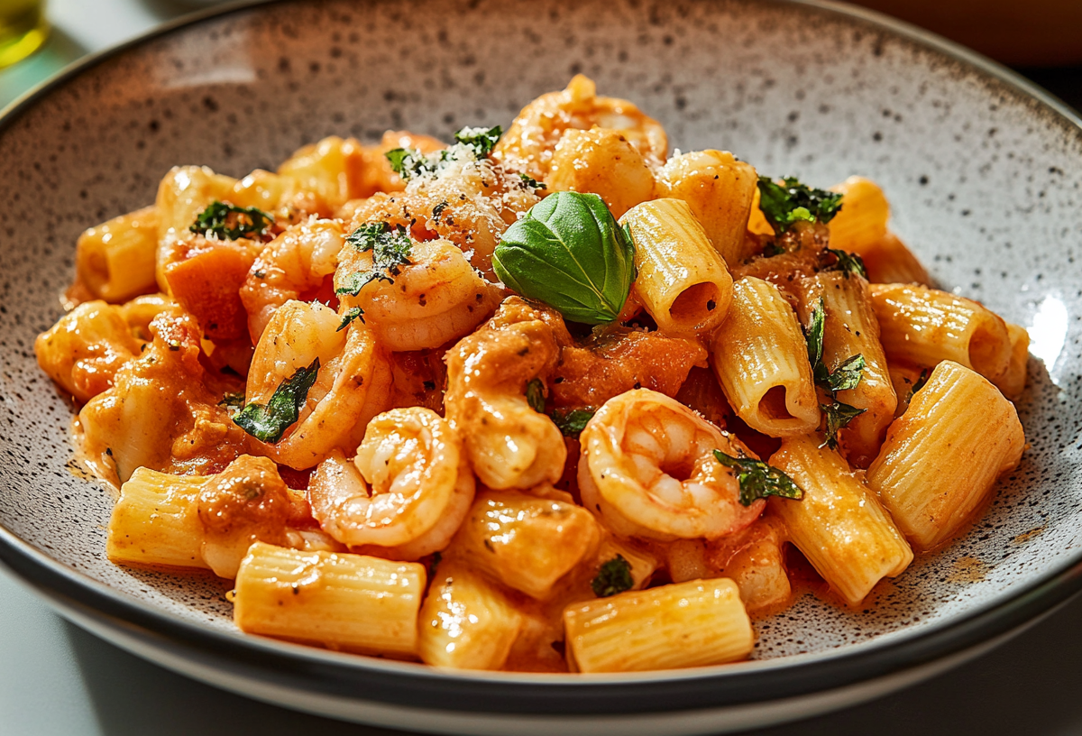 Ein gemusterter Teller mit Marry Me Pasta mit Shrimps.