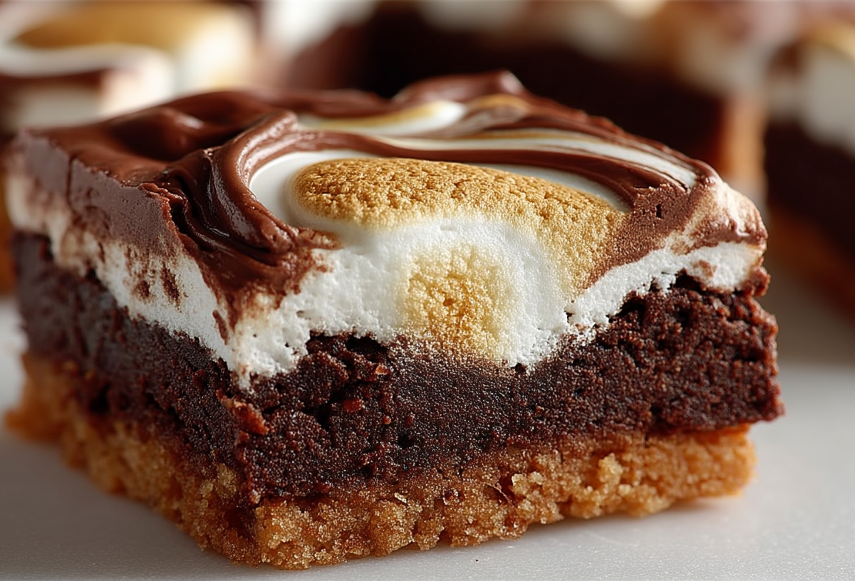 Ein Stück Marshmallow-Schnitten vom Blech mit Keksboden.