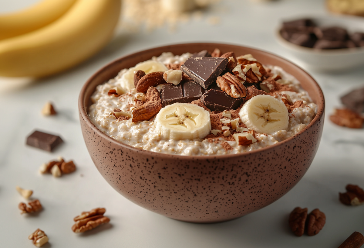 Eine Schale mit Mikrowellen-Porridge steht auf einem weißen Tisch. Es ist mit Bananenscheiben, Nüssen und zerbrochener Schokolade zubereitete. Um die Schale verteilt liegen Nüsse sowie Schokoladenstücke. Im Hintergrund links liegen zwei Bananen. Im Hintergrund in der Mitte weitere Haferflocken, im Hintergrund rechts eine Schale mit Zartbitterschokolade.