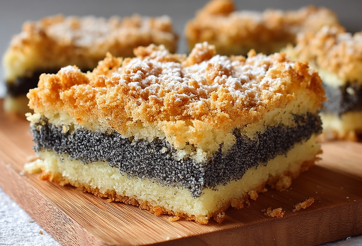 Ein Stück Mohn-Streuselkuchen vom Blech, mit etwas Puderzucker bestreut.