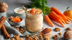 Glas mit Möhren-Overnight-Oats und Zutaten daneben
