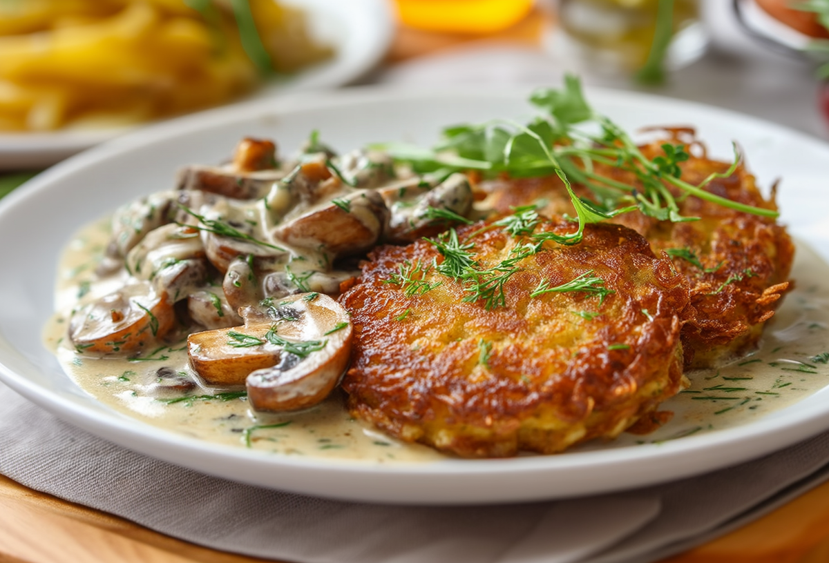 Zwei Mozzarella-Kartoffelrösti auf einem weißen Teller. Sie sind mit einer Pilz-Rahmsoße angerichtet und mit frischen Kräutern garniert. Im Hintergrund sieht man weitere geschnittene Kartoffeln, etwas Öl sowie weitere Kräuter.