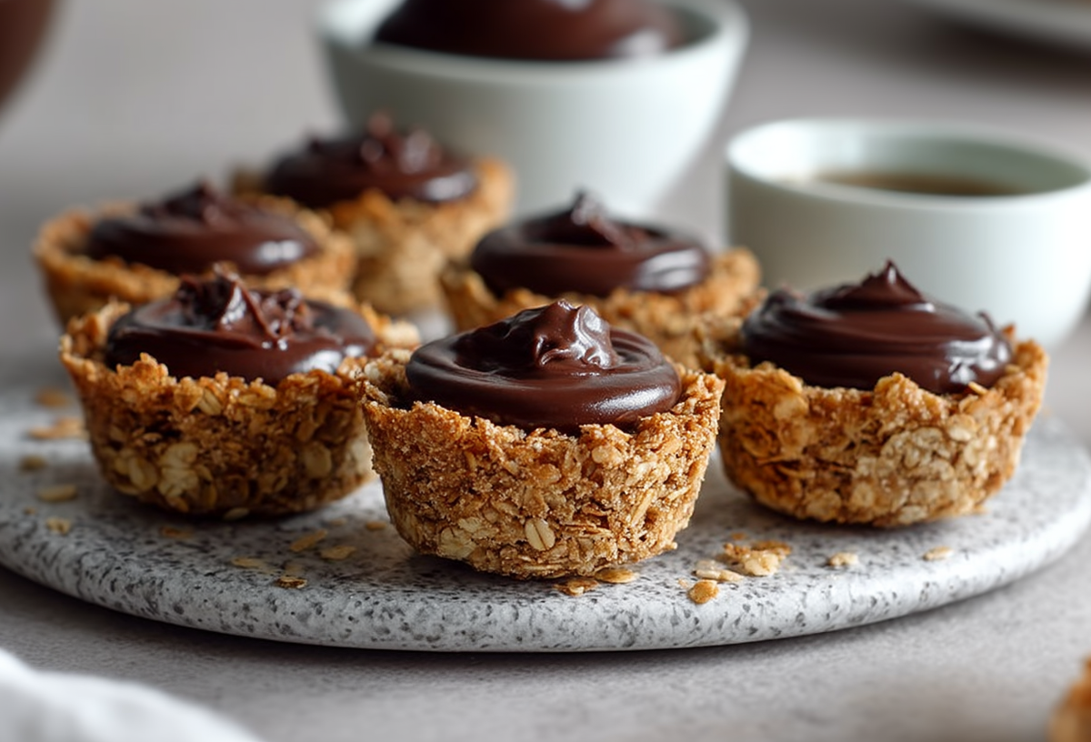 Sechs No-Bake Granola-Cups stehen auf einer marmorierten Unterlage. Sie sind mit einer Schokocreme gefüllt. Im Hintergrund sieht man eine Schale mit der Schokocreme sowie einen Becher Kaffee.